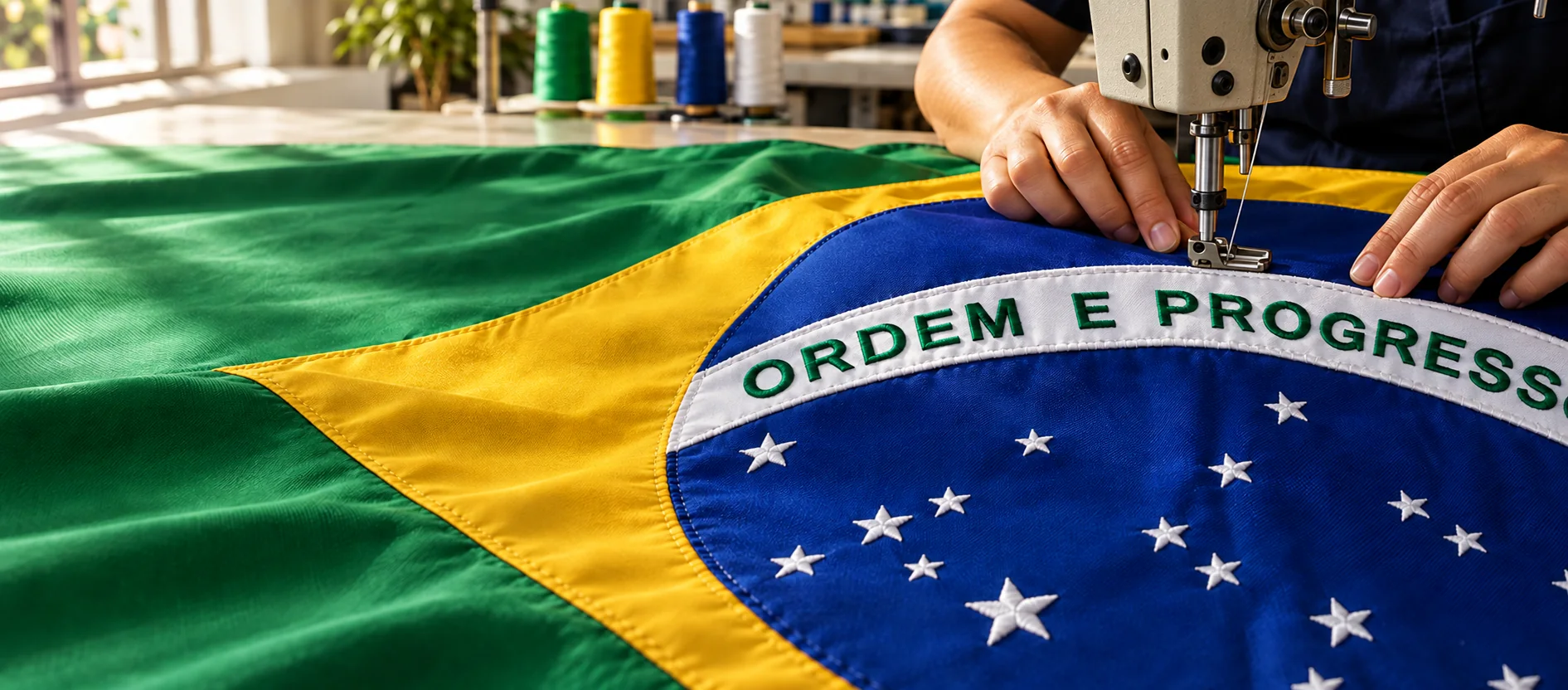 Bandeira do Brasil sendo costurada à máquina, com a faixa Ordem e Progresso e as estrelas bordadas